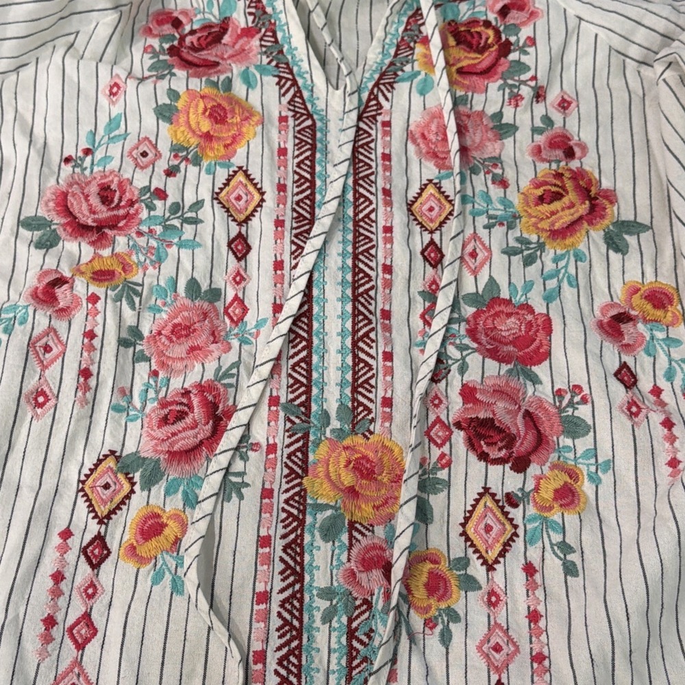 Savanna Jane Boho Top Striped Floral Embroidered Long Sleeved Blouse Large - Picture 2 of 9